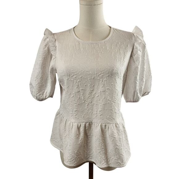NEW Express X-Small White Blouse Pullover Puff Sleeves Shoulder Ruffle Peplum - Picture 1 of 13
